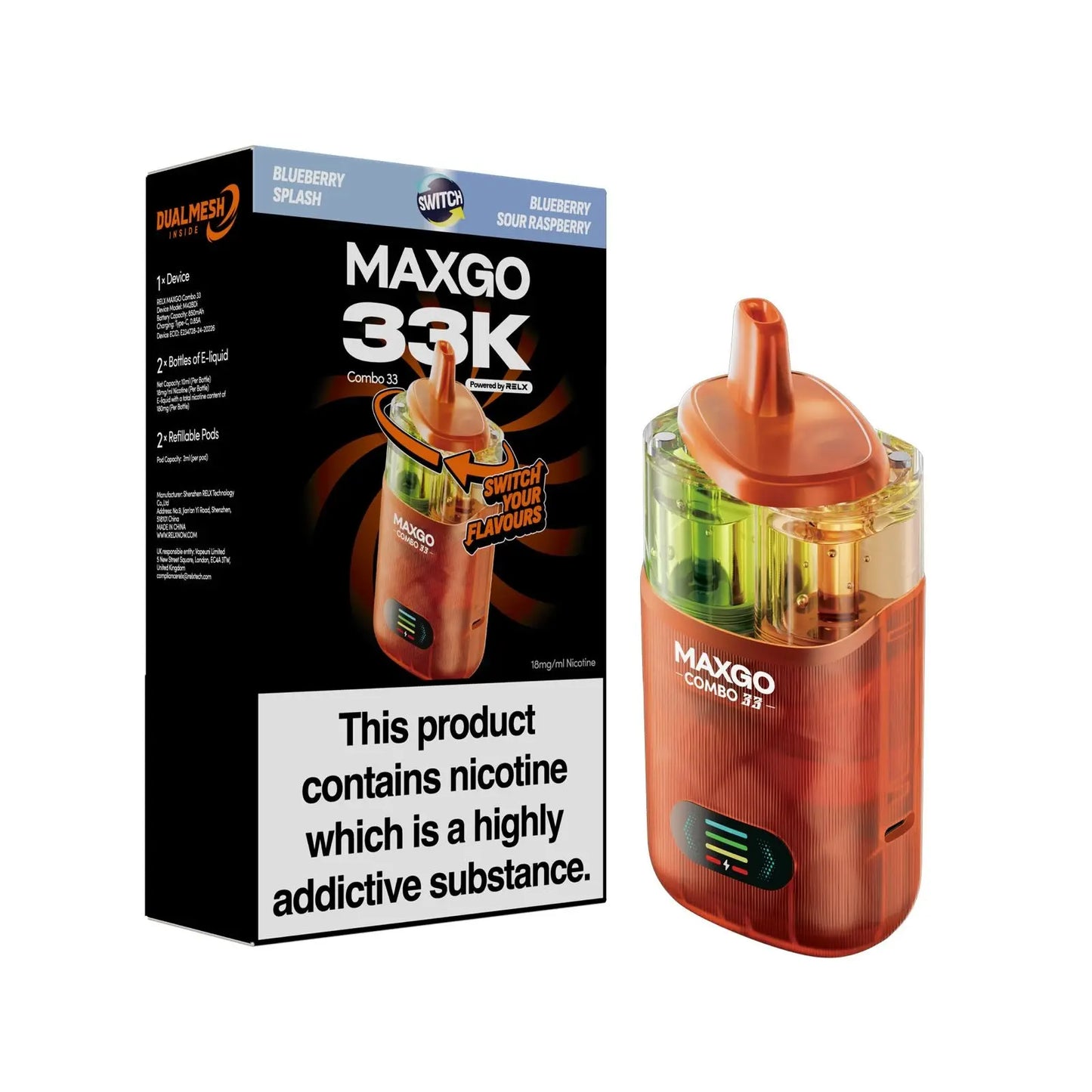 Relx Max-Go 33K Puffs Pre-Filled Pod Kit (Pack of 3) Relx