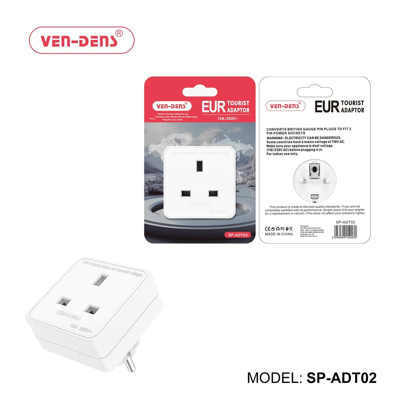 Ven-Dens UK to EU Tourist Adaptor 13A (SP-ADT02) (Pack of 1) Ven-Dens
