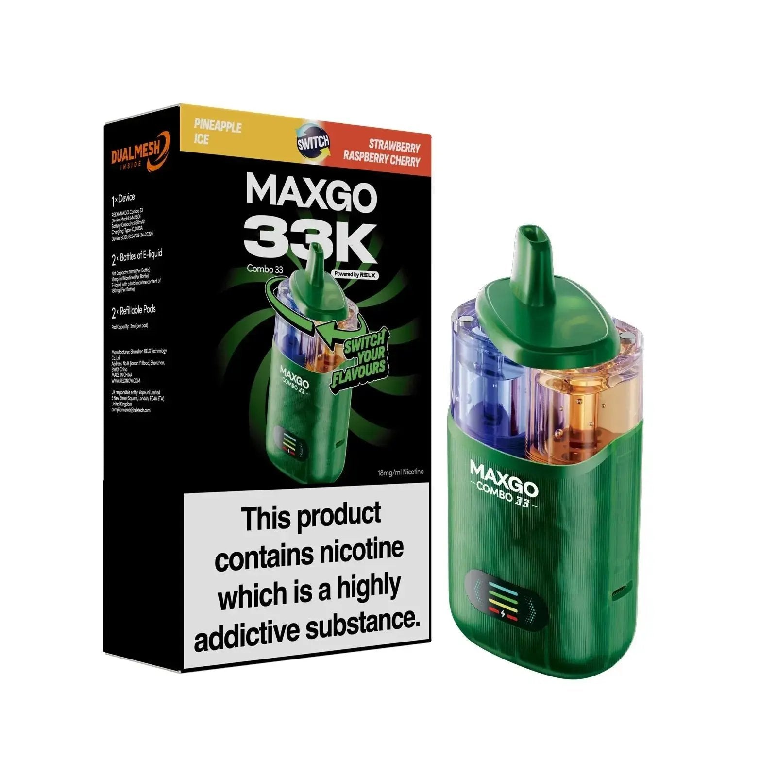 Relx Max-Go 33K Puffs Pre-Filled Pod Kit (Pack of 3) Relx